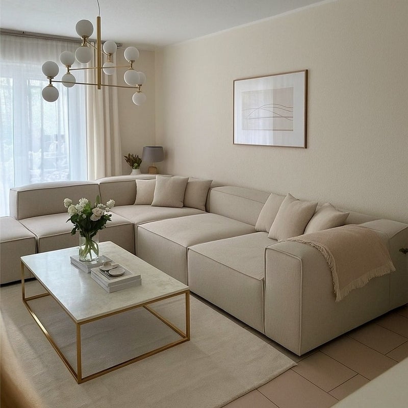 Malazhouse Natural Wood and Linen Fabric L-Shape Sofa and 2 Pouf - Beige - Image 2